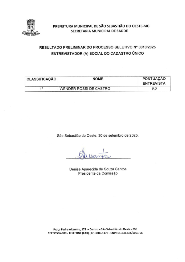 Resultado preliminar - Processo seletivo para preenchimento de vagas de entrevistador (a) social do Cadastro Único