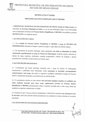 Retificação Nº 02/2026 - Processo Seletivo - Enfermeiro ESF, Técnico de Enfermagem ESF, Educador Físico em caráter temporário