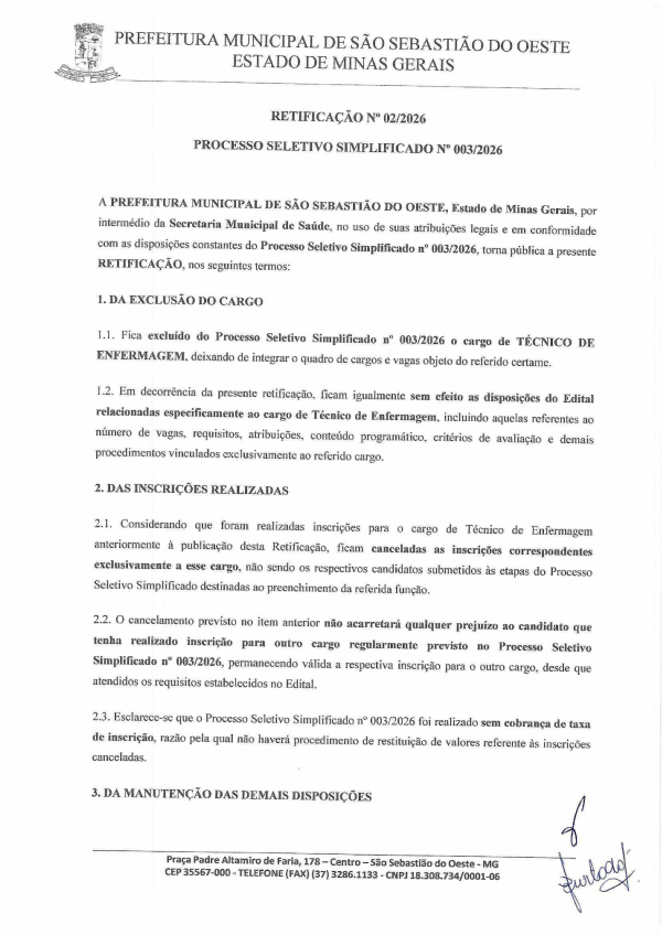 Retificação Nº 02/2026 - Processo Seletivo - Enfermeiro ESF, Técnico de Enfermagem ESF, Educador Físico em caráter temporário