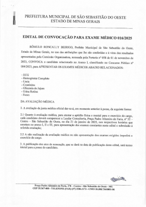 Edital de Convocação para Exame Médico 016/2025