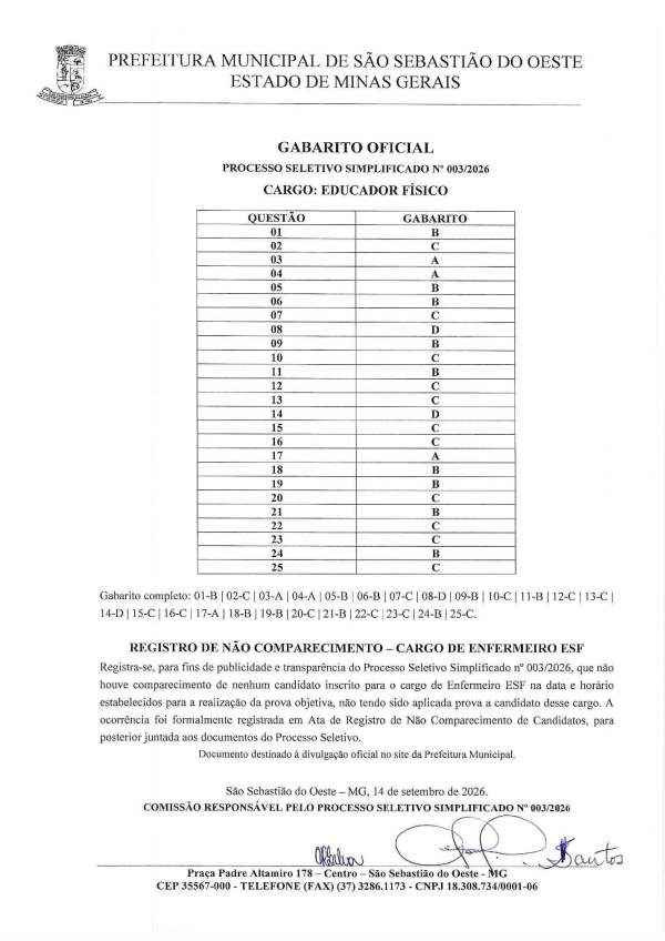 Gabarito Oficial - Processo Seletivo Simplificado - Educado Físico