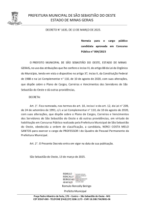 Nomeia para o cargo público candidata aprovada em Concurso Público n° 004/2023 - Decreto 1635/2025