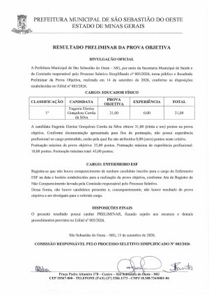 Resultado Preliminar - Processo Seletivo - Enfermeiro ESF, Técnico de Enfermagem ESF, Educador Físico em caráter temporário