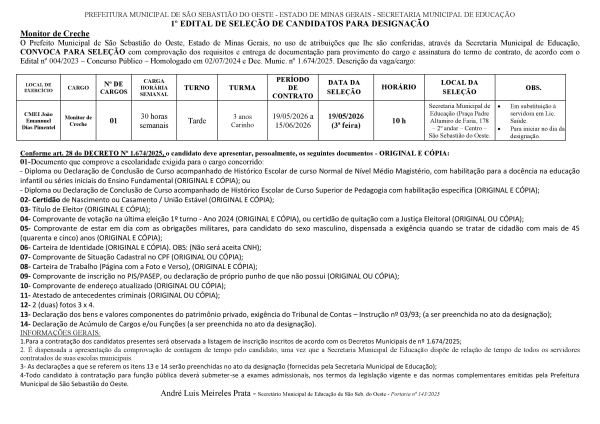 Convocação Monitor de Creche - Edital 01/2026 (19.05.2026)