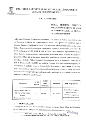 Edital processo seletivo para preenchimento de vagas de entrevistador (a) social do Cadastro Único