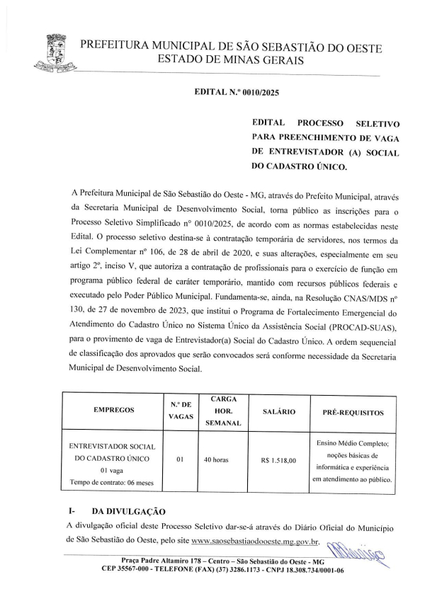 Edital processo seletivo para preenchimento de vagas de entrevistador (a) social do Cadastro Único