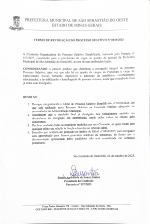 Termo de revogação do processo seletivo n° 0010/2025