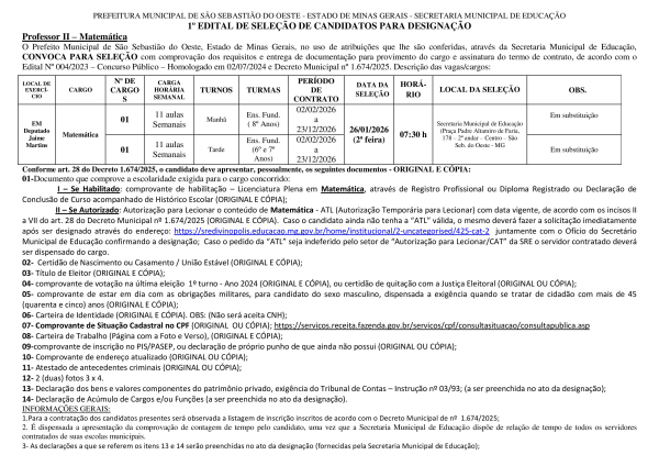 Convocação Professor II – Matemática - Edital 01/2026