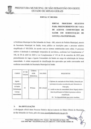 Edital Processo Seletivo para preenchimento de vaga de Agente Comunitário de Saúde em substituição de licença maternidade
