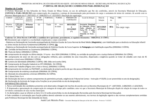 Designação de Monitor de Creche - Edital 02/2025