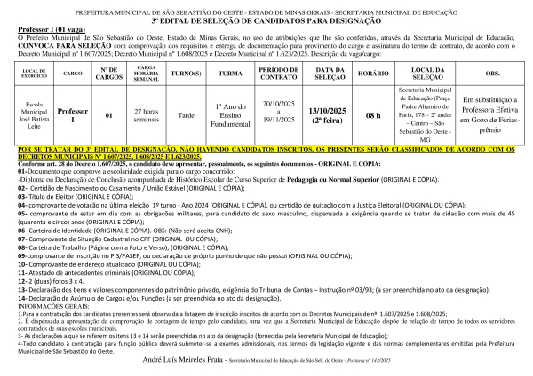 Convocação Professor I - Em Substituição - Edital 03/2025