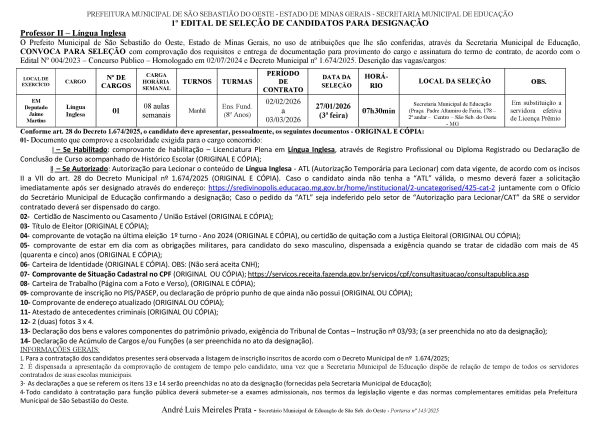 Convocação Professor II – Língua Inglesa - Edital 01/2026