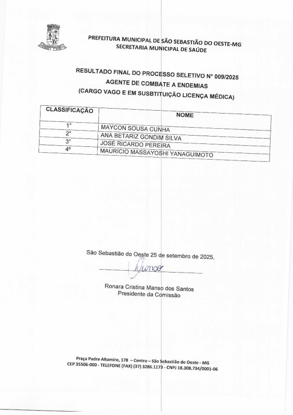 Resultado Final - Processo seletivo simplificado para preenchimento de vagas de agentes de combate a endemias (Edital nº 009/2025)