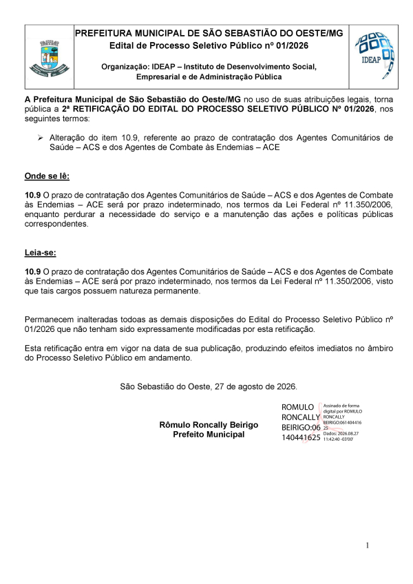 2ª Retificação do Edital do Processo Seletivo Público nº 01/2026 (ACS e ACE)