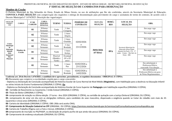 Convocação Monitor de Creche - Edital 01/2026