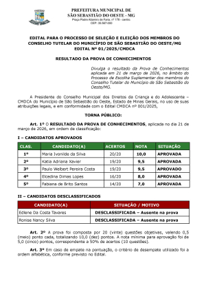 Resultado da Prova de Conhecimentos - Edital 001/2025/CMDCA
