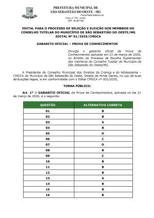 Gabarito Oficial - Prova de Conhecimentos - Edital 001/2025/CMDCA
