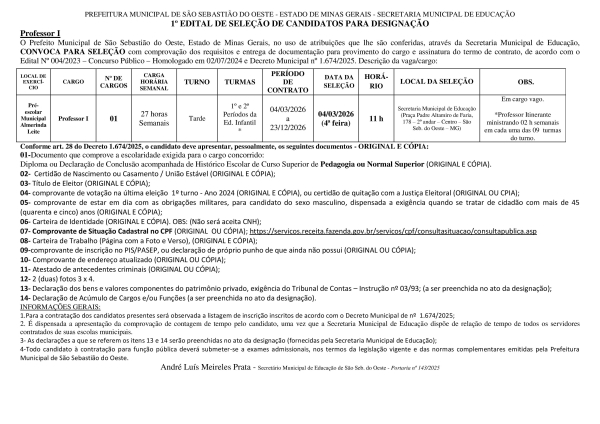 Convocação Professor I - Edital 01/2026 (04/03/2026)