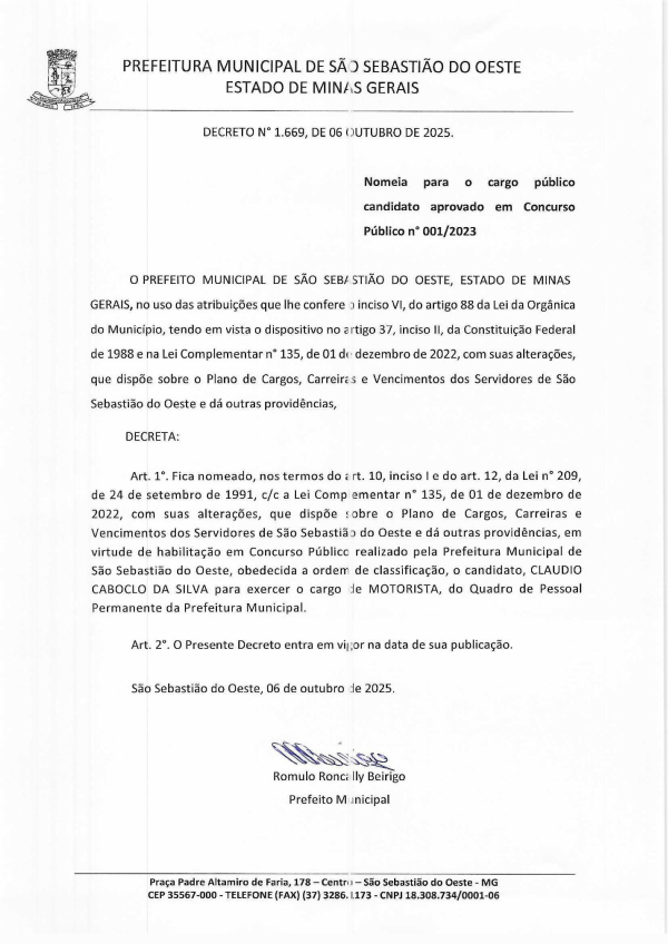 Nomeia para o cargo público candidato aprovado em Concurso Público n° 001/2023 - Decreto nº 1.669/2025