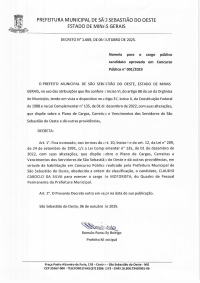 Nomeia para o cargo público candidato aprovado em Concurso Público n° 001/2023 - Decreto nº 1.669/2025