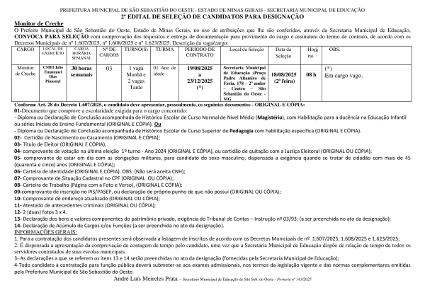 Designação de Monitor de Creche - Edital 02/2025