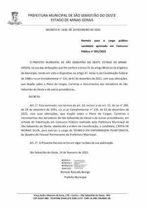 Nomeia para o cargo público candidata aprovada em Concurso Público n° 001/2023 - Decreto 1630/2025