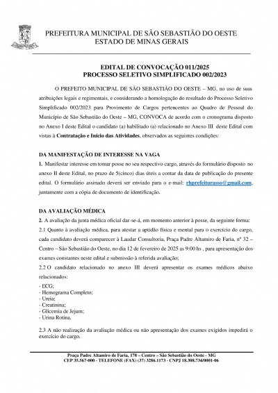 Edital de Convocação 011/2025 - Processo Seletivo Simplificado 002/2023