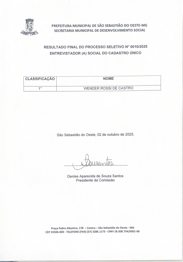 Resultado final - Processo seletivo para preenchimento de vagas de entrevistador (a) social do Cadastro Único