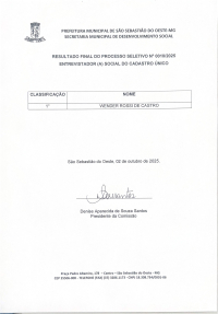 Resultado final - Processo seletivo para preenchimento de vagas de entrevistador (a) social do Cadastro Único