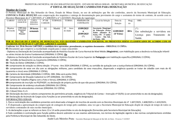Designação de Monitor de Creche - Edital 04/2025