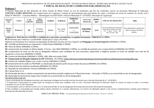 Convocação Professor I - Edital 01/2026 (25/02/2026)