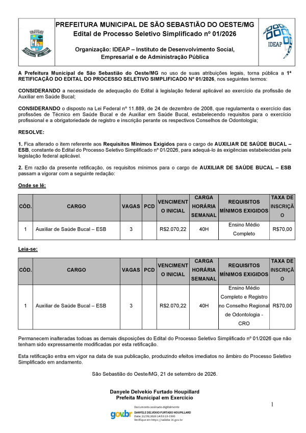 Retificação do Edital Processo Seletivo 01/2026 - Auxiliar de Saúde Bucal – ESB