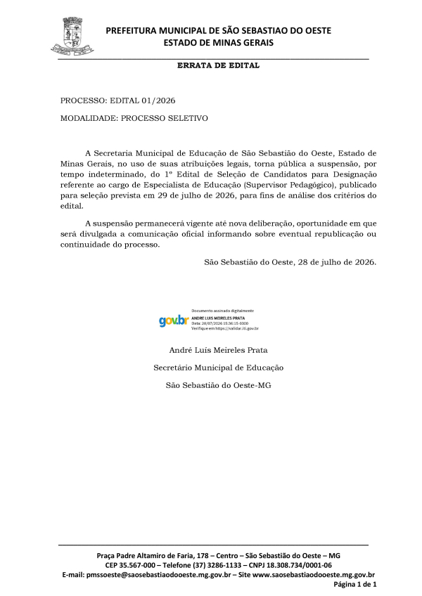 Errata de Edital (Edital 01/2026 Modalidade: Processo Seletivo)