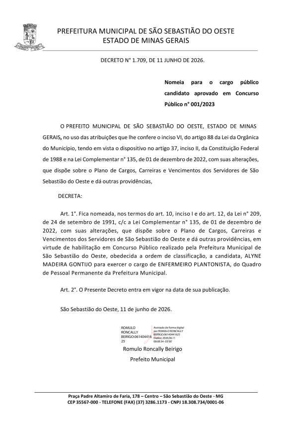 Nomeia para o cargo público candidato aprovado em Concurso Público n° 001/2023 - Decreto 1.709/2026