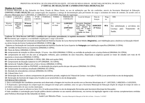 Designação de Monitor de Creche - Edital 02/2025